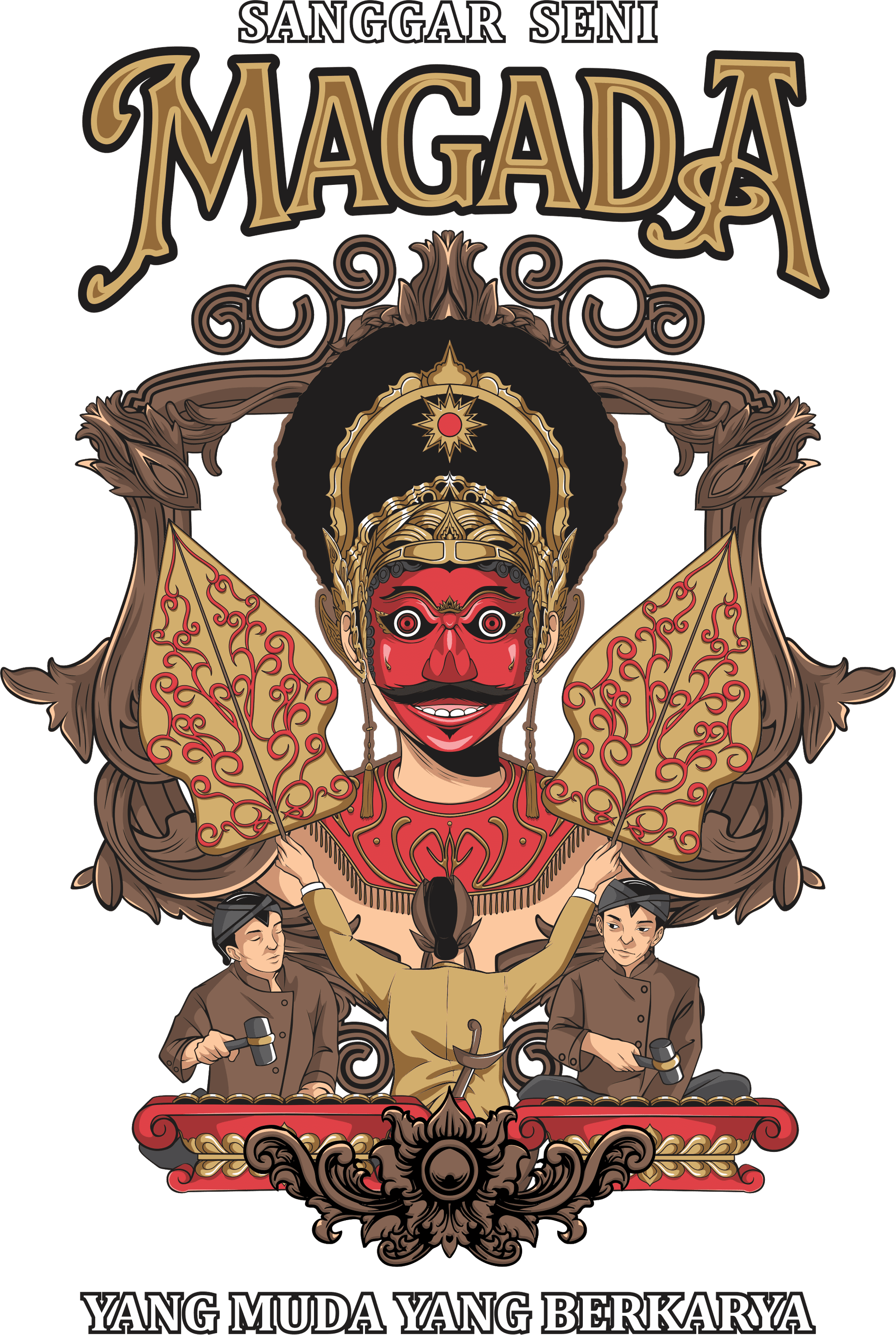 Logo Sanggar Seni Magada: topeng merah, wayang, dan penabuh gamelan